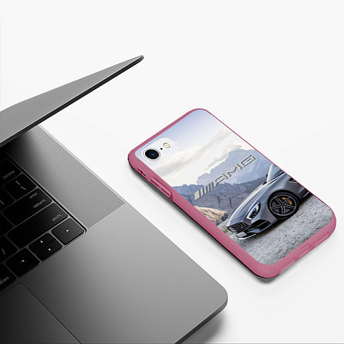 Чехол iPhone 7/8 матовый Mercedes AMG V8 Biturbo cabriolet - mountains / 3D-Малиновый – фото 3