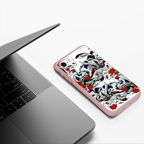 Чехол iPhone 7/8 матовый Красные цветы и птицы / 3D-Светло-розовый – фото 3