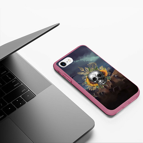 Чехол iPhone 7/8 матовый Череп нп фоне кладбища / 3D-Малиновый – фото 3