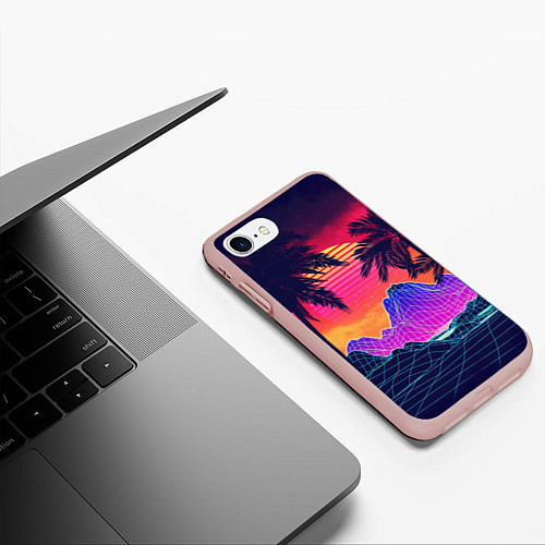 Чехол iPhone 7/8 матовый Тропический остров с пальмами ретро иллюстрация / 3D-Светло-розовый – фото 3