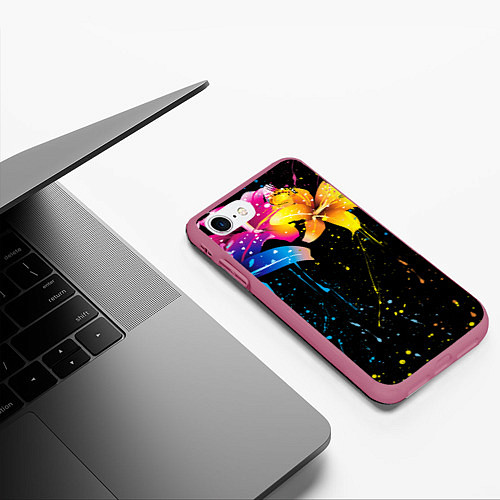 Чехол iPhone 7/8 матовый Цветные лилии / 3D-Малиновый – фото 3