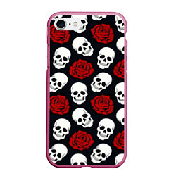 Чехол iPhone 7/8 матовый Весёлые черепки и розы, цвет: 3D-малиновый