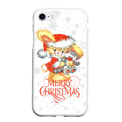 Чехол iPhone 7/8 матовый Cute rabbit with kitten, merry Christmas, цвет: 3D-белый