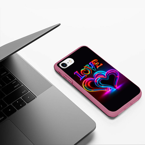 Чехол iPhone 7/8 матовый Love - неоновые сердца / 3D-Малиновый – фото 3