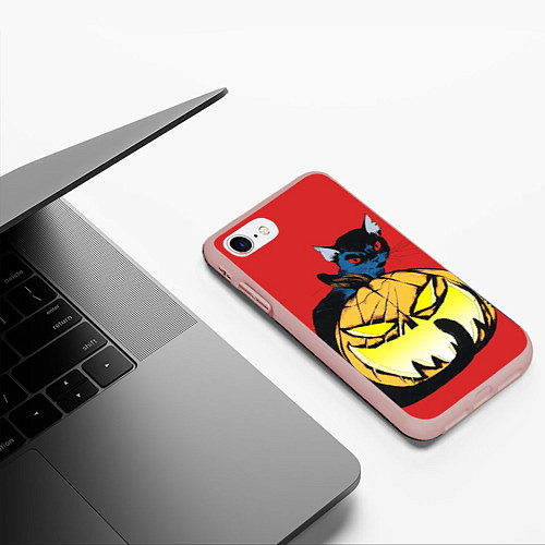 Чехол iPhone 7/8 матовый Halloween - тыква и кот / 3D-Светло-розовый – фото 3