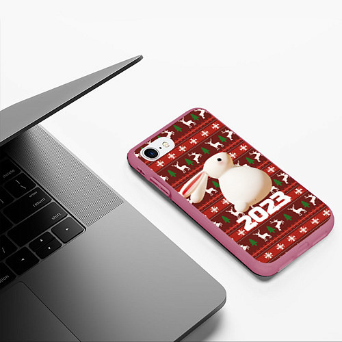 Чехол iPhone 7/8 матовый Белый большой кролик 2023 / 3D-Малиновый – фото 3