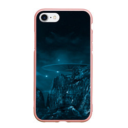 Чехол iPhone 7/8 матовый Синий космос, горы и нло, цвет: 3D-светло-розовый