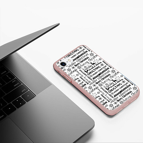 Чехол iPhone 7/8 матовый Черно белый рождественский текстовый узор / 3D-Светло-розовый – фото 3