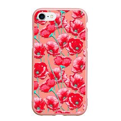 Чехол iPhone 7/8 матовый Красные маки - паттерн, цвет: 3D-светло-розовый