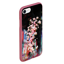 Чехол iPhone 7/8 матовый Ветка сакуры на фоне ночного Токио - glitch, цвет: 3D-малиновый — фото 2