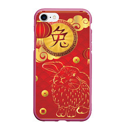 Чехол iPhone 7/8 матовый Китайский иероглиф и золотой кролик на красном фон, цвет: 3D-малиновый