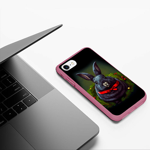 Чехол iPhone 7/8 матовый Черный водяной кролик с ленточкой / 3D-Малиновый – фото 3