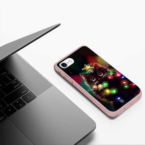 Чехол iPhone 7/8 матовый Новогодний котик с гирляндой / 3D-Светло-розовый – фото 3
