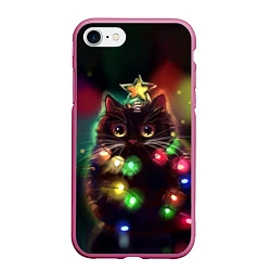 Чехол iPhone 7/8 матовый Новогодний котик с гирляндой, цвет: 3D-малиновый