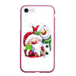 Чехол iPhone 7/8 матовый Дед Мороз и снеговик с подарками, цвет: 3D-малиновый