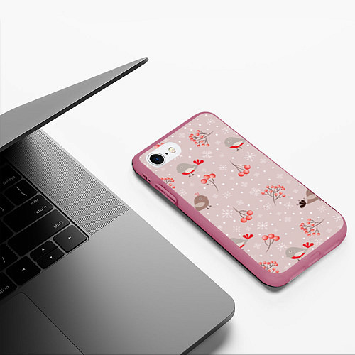 Чехол iPhone 7/8 матовый Птицы снегири и зимние ягоды / 3D-Малиновый – фото 3