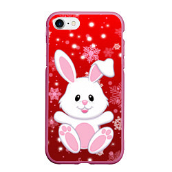 Чехол iPhone 7/8 матовый Весёлый кролик в снежинках, цвет: 3D-малиновый