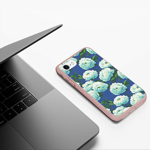 Чехол iPhone 7/8 матовый Узор из белых пионов / 3D-Светло-розовый – фото 3