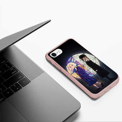 Чехол iPhone 7/8 матовый Энид и Уэнсдэй на фоне окна / 3D-Светло-розовый – фото 3