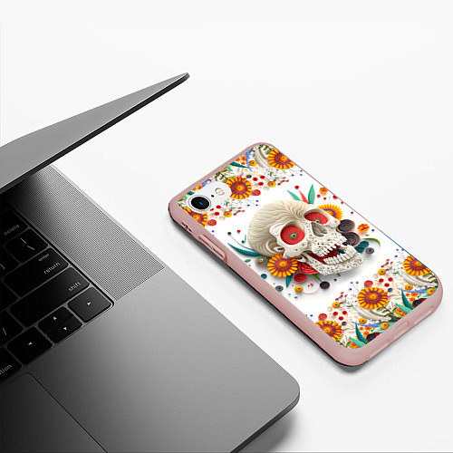 Чехол iPhone 7/8 матовый Череп украшенный растениями и цветами в стиле квил / 3D-Светло-розовый – фото 3