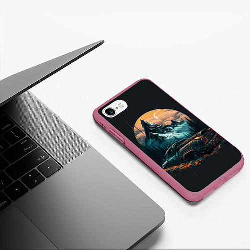 Чехол iPhone 7/8 матовый Киберпанк авто и горы / 3D-Малиновый – фото 3