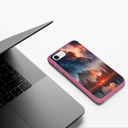Чехол iPhone 7/8 матовый Млечный путь над пейзажем / 3D-Малиновый – фото 3