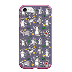 Чехол iPhone 7/8 матовый Веселый енот паттерн, цвет: 3D-малиновый