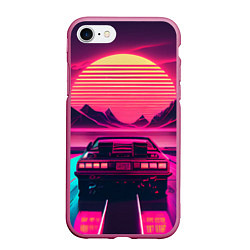 Чехол iPhone 7/8 матовый Синтвейв закат и автомобиль, цвет: 3D-малиновый