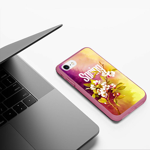 Чехол iPhone 7/8 матовый Ветка цветущей яблони акварель / 3D-Малиновый – фото 3