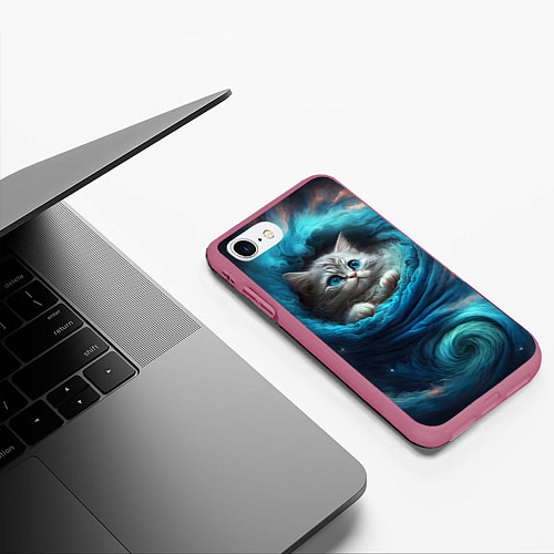 Чехол iPhone 7/8 матовый Котик в звездных облаках / 3D-Малиновый – фото 3