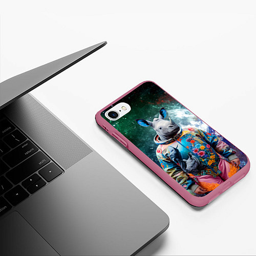 Чехол iPhone 7/8 матовый Rhino in spacesuit - neural network / 3D-Малиновый – фото 3