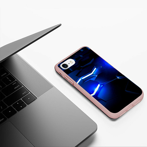 Чехол iPhone 7/8 матовый Металлические соты с синей подсветкой / 3D-Светло-розовый – фото 3