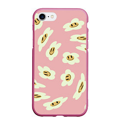 Чехол iPhone 7/8 матовый Искаженные смайлы-цветы на розовом паттер, цвет: 3D-малиновый