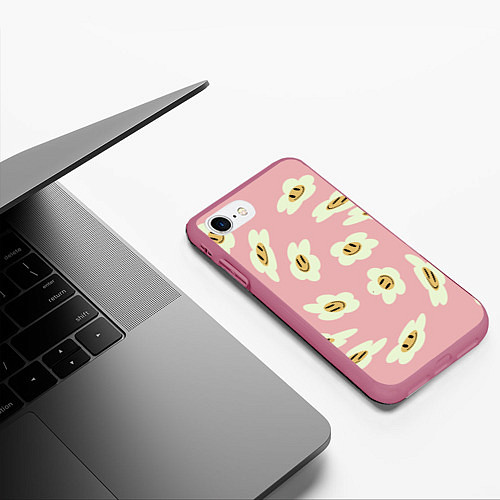 Чехол iPhone 7/8 матовый Искаженные смайлы-цветы на розовом паттер / 3D-Малиновый – фото 3