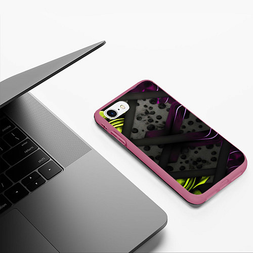 Чехол iPhone 7/8 матовый Темная фиолетовая текстура с листьями / 3D-Малиновый – фото 3