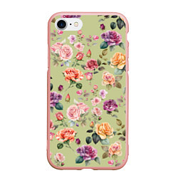 Чехол iPhone 7/8 матовый Акварельные цветы - паттерн зеленый, цвет: 3D-светло-розовый