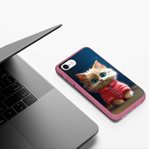 Чехол iPhone 7/8 матовый Котик в розовом свитере / 3D-Малиновый – фото 3