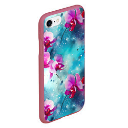 Чехол iPhone 7/8 матовый Розовые орхидеи на бирюзовом - паттерн акварель, цвет: 3D-малиновый — фото 2