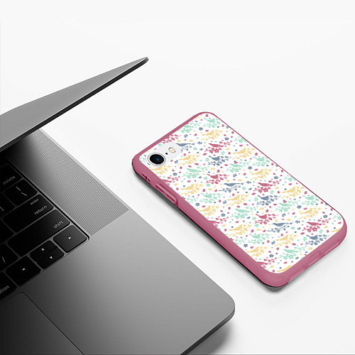 Чехол iPhone 7/8 матовый Весенний паттерн с птицами / 3D-Малиновый – фото 3