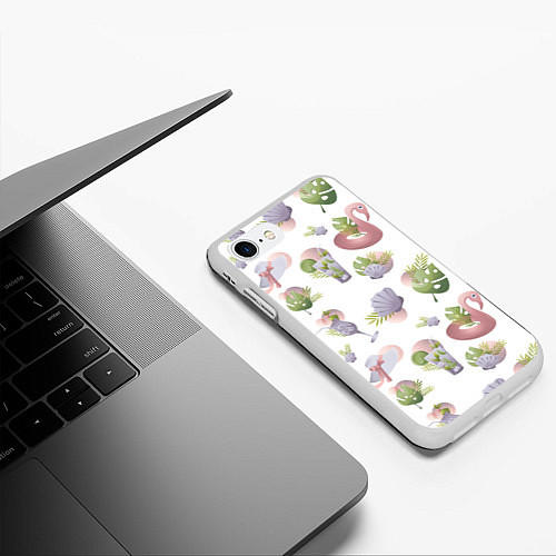 Чехол iPhone 7/8 матовый Пляжный паттерн с коктейлями и фламинго / 3D-Белый – фото 3