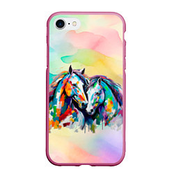 Чехол iPhone 7/8 матовый Две разноцветные лошади, цвет: 3D-малиновый