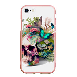 Чехол iPhone 7/8 матовый Красивый череп с листьями и бабочками, цвет: 3D-светло-розовый