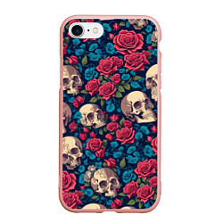 Чехол iPhone 7/8 матовый Черепа и красные розы, цвет: 3D-светло-розовый