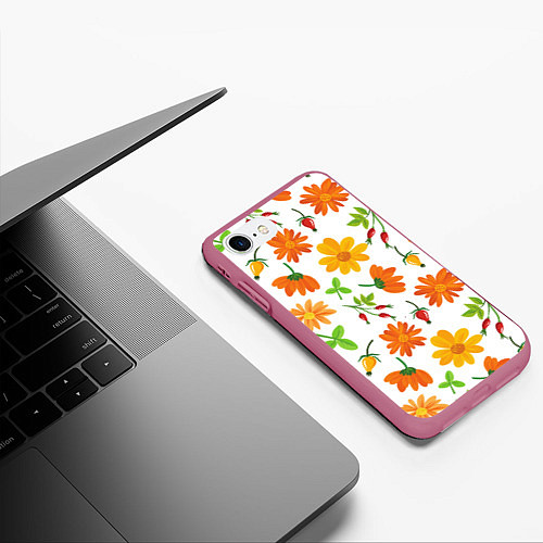 Чехол iPhone 7/8 матовый Orange flowers / 3D-Малиновый – фото 3