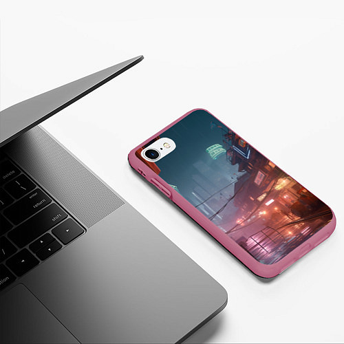 Чехол iPhone 7/8 матовый Киберпанк город будущего / 3D-Малиновый – фото 3