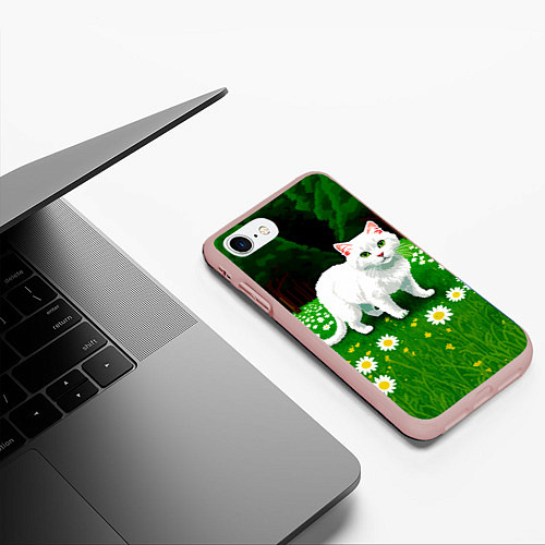 Чехол iPhone 7/8 матовый Белый кот на лугу пиксель арт / 3D-Светло-розовый – фото 3