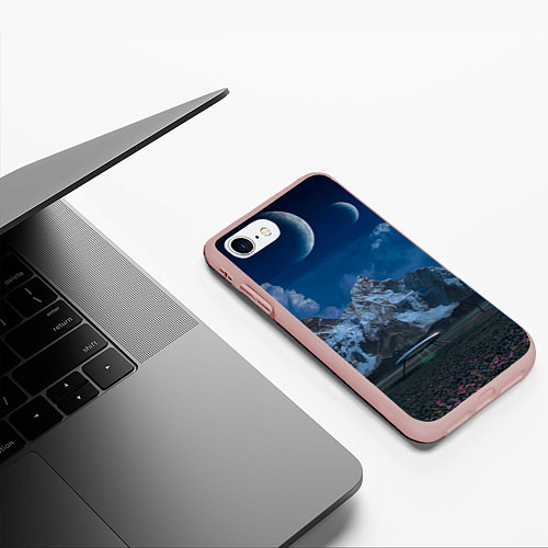 Чехол iPhone 7/8 матовый Ночные горы в природе и небо с нло / 3D-Светло-розовый – фото 3