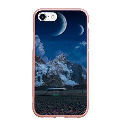 Чехол iPhone 7/8 матовый Ночные горы в природе и небо с нло, цвет: 3D-светло-розовый