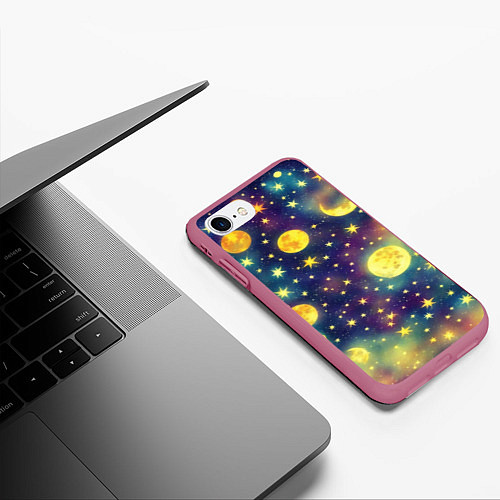 Чехол iPhone 7/8 матовый Космос, Луна и Солнце / 3D-Малиновый – фото 3