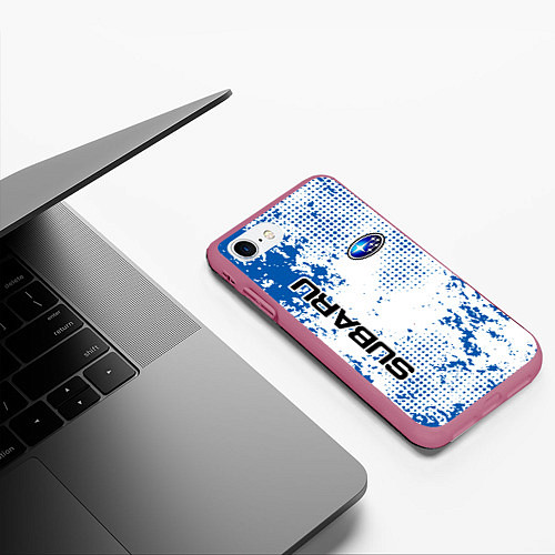 Чехол iPhone 7/8 матовый Subaru blue logo / 3D-Малиновый – фото 3